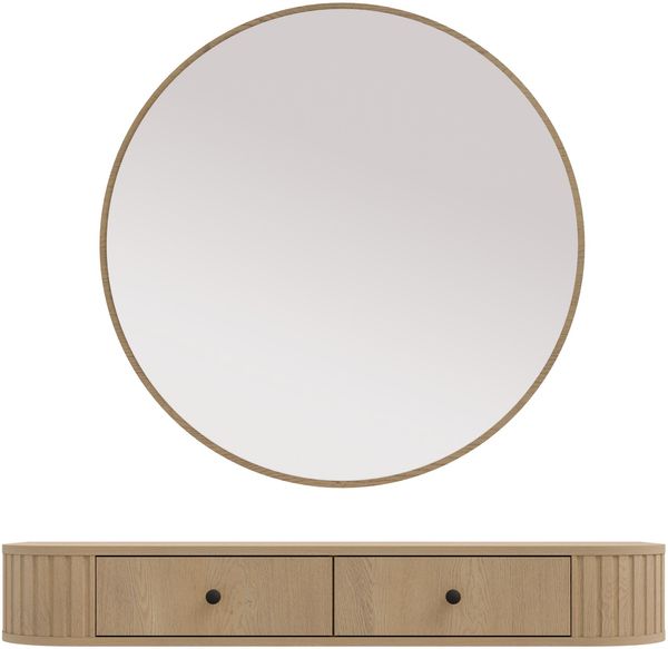 AX LIVING Schminktisch Halay Eiche Cremona 2 Schubladen mit runden Kanten + Rund Spiegel 100 cm