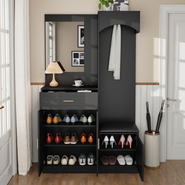Kompaktgarderobe 110 x 33 x 185,5 cm aus MDF in Schwarz mit Spiegel und Schuhbank