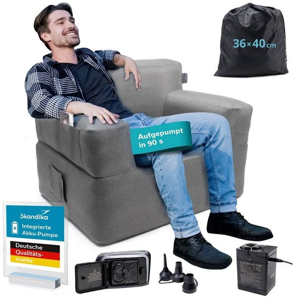 Skandika Luftsofa Easy Air Premium, Aufblasbares Sofa Outdoor, Tragetasche, (Bezug abnehmbar, Maschinenwäsche, Schonprogramm 30 °C, mit Tragetasche), 1 Person, mit Elektropumpe, USB-C Ladekabel, 200 kg belastbar