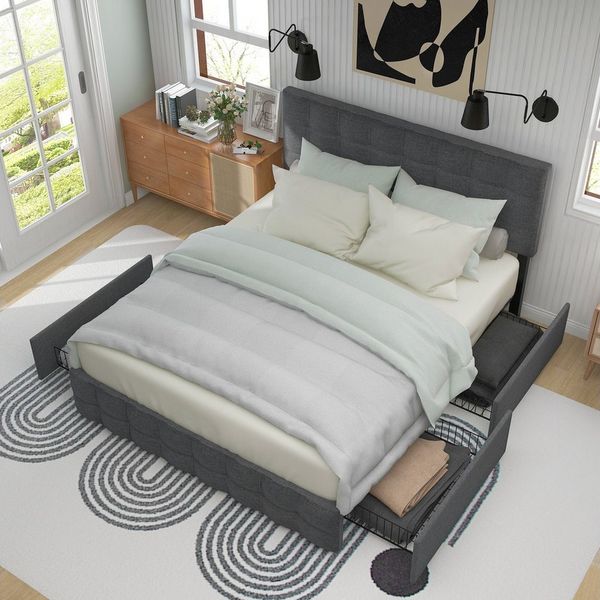 Odikalo Stauraumbett Polsterbett mit 4 Schubladen Doppelbett Leinen 140x200cm