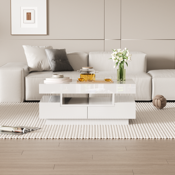 Couchtisch, Spanplatte in Hochglanz, mit LED-Lichtleiste & 4 Schubladen, 80x50x36 cm, Weiß