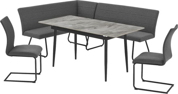 OTTO home Eckbankgruppe Stevian, (Set, 4-tlg, 1 ausziehbarer Esstisch + 1 Eckbank Recamiere links + 2 Stühle), Holz, Strukturstoffbezug, Freischwingerstühle, gesteppten Bänken
