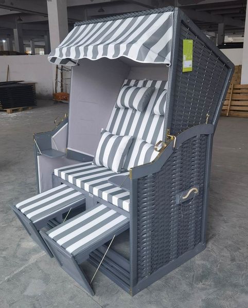 acamp Strandkorb Sylt gestreift mit Dach, Ablage und Fußhocker, Volllieger, Nordsee-Modell, Gartenstrandkorb, Gartenmöbel, Sitzkorb, klassisch, 110x81x160 cm