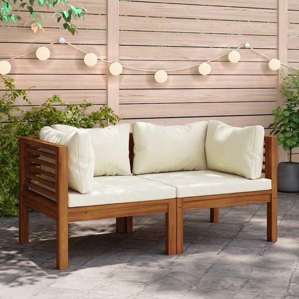 Ecksofas 2er Set | Gartensofa | Lounge Sofa mit Cremeweißen Kissen Massivholz Akazie