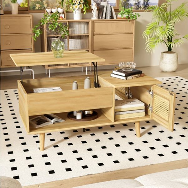 XDeer Couchtisch Couchtisch mit anhebbarer Tischplatte und Rattan-Türen, Kaffeetisch, Wohnzimmer,Praktischer Stauraum und funktionales Design