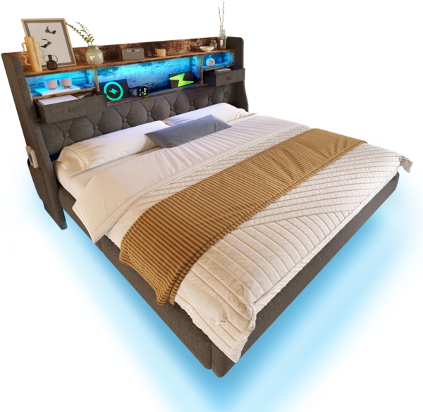 Retro Bettgestell mit LED Beleuchtung und Quick Charge USB Ladestation 160x200 Grau Stauraum Kopfteil Musikmodus 300kg Tragkraft Bild 8