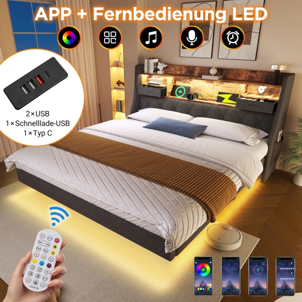 Retro Bettgestell mit LED Beleuchtung und Quick Charge USB Ladestation 160x200 Grau Stauraum Kopfteil Musikmodus 300kg Tragkraft Bild 6