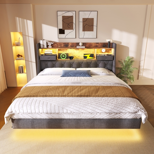 Retro Bettgestell mit LED Beleuchtung und Quick Charge USB Ladestation 160x200 Grau Stauraum Kopfteil Musikmodus 300kg Tragkraft Bild 4