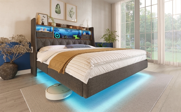 Retro Bettgestell mit LED Beleuchtung und Quick Charge USB Ladestation 160x200 Grau Stauraum Kopfteil Musikmodus 300kg Tragkraft Bild 3