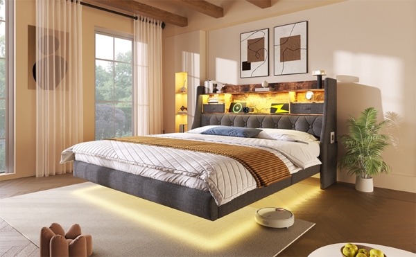 Retro Bettgestell mit LED Beleuchtung und Quick Charge USB Ladestation 160x200 Grau Stauraum Kopfteil Musikmodus 300kg Tragkraft Bild 2