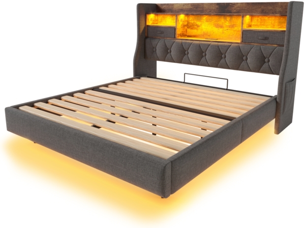 Retro Bettgestell mit LED Beleuchtung und Quick Charge USB Ladestation 160x200 Grau Stauraum Kopfteil Musikmodus 300kg Tragkraft Bild 9