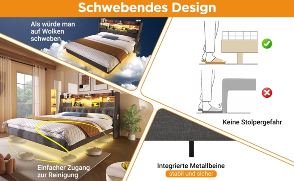 Retro Bettgestell mit LED Beleuchtung und Quick Charge USB Ladestation 160x200 Grau Stauraum Kopfteil Musikmodus 300kg Tragkraft Bild 5