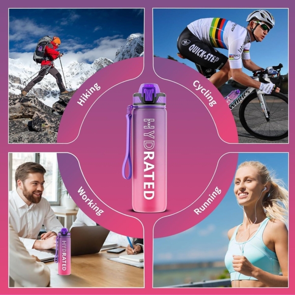 Trinkflasche 1L BPA-Frei Tritan Auslaufsicher mit Strohhalm Zeitmarkierung Lila Bild 7