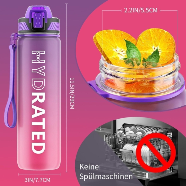 Trinkflasche 1L BPA-Frei Tritan Auslaufsicher mit Strohhalm Zeitmarkierung Lila Bild 6