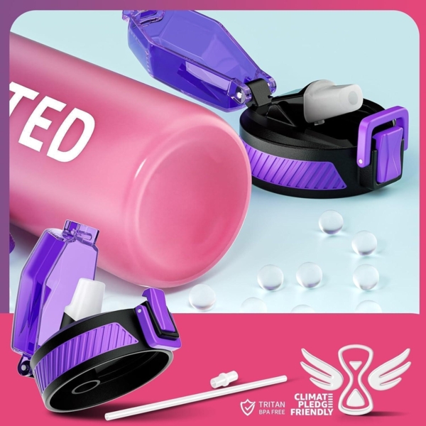 Trinkflasche 1L BPA-Frei Tritan Auslaufsicher mit Strohhalm Zeitmarkierung Lila Bild 8