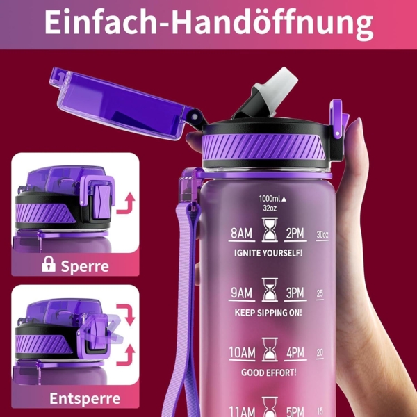 Trinkflasche 1L BPA-Frei Tritan Auslaufsicher mit Strohhalm Zeitmarkierung Lila Bild 3