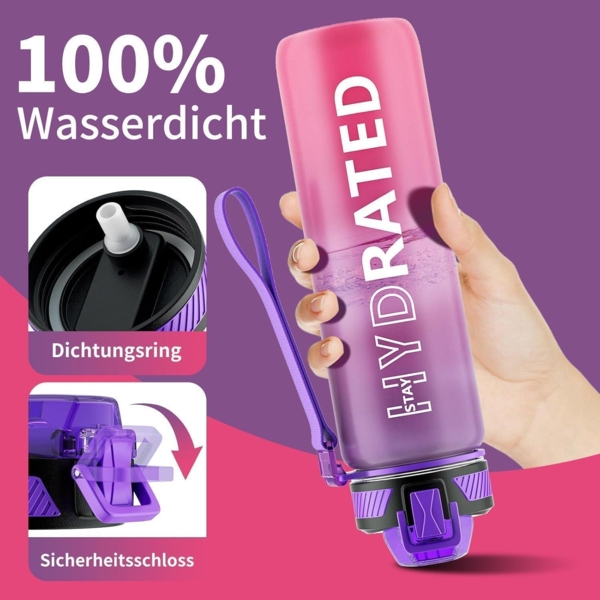Trinkflasche 1L BPA-Frei Tritan Auslaufsicher mit Strohhalm Zeitmarkierung Lila Bild 4