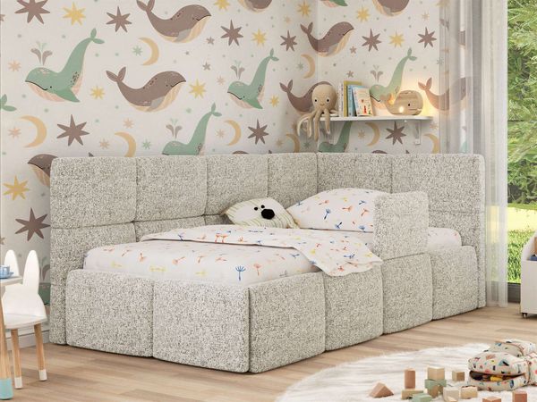 Jugendbett, Kinderbett mit Kopfteil ARVO ALTA 90x200 cm, Polsterbett mit Stauraum, hoher Schlafkomfort - Beige Stukture - Rechts - MIRO LUX