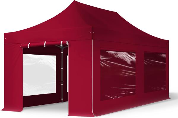 3x6 m Faltpavillon, PREMIUM Stahl 40mm, Seitenteile mit Panoramafenstern, rot