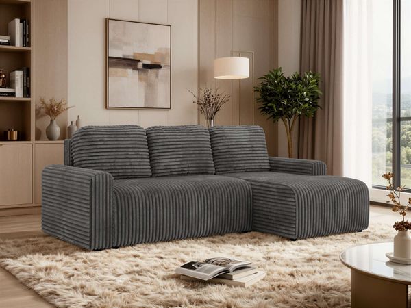 Ecksofa NESSARO L mit Schlaffunktion und Bettkasten, Bonellfederkern, Stauraum, L-förmiges Sofa, DL-System, lose Kissen - Grau Cord - Rechts Seite Seite