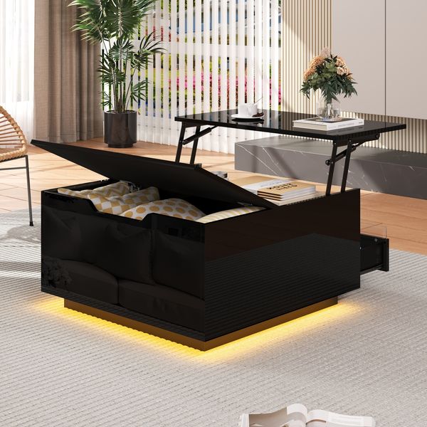 Couchtisch Hochglanz mit Hubplatte, LED & Schublade, 70x70x38 cm, Schwarz