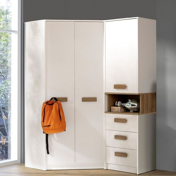 Marmex Möbel Grant 15 Ein modernes Schlafzimmer-Set, Jugendzimmer-Set, Eckkleiderschrank und Bücherregal, laminierte Spanplatte, weiß+riviera Eiche, 143x195x91 cm