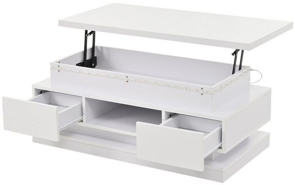BlingBin Couchtisch Sofatisch kaffeetisch mit 2 Schublade, Hochglanz-Beistelltisch mit LED (Satztisch, 1-St, 100 x 50 x 40 cm), Wohnzimmertisch mit verstecktem Stauraum, Weiß, Spanplatte