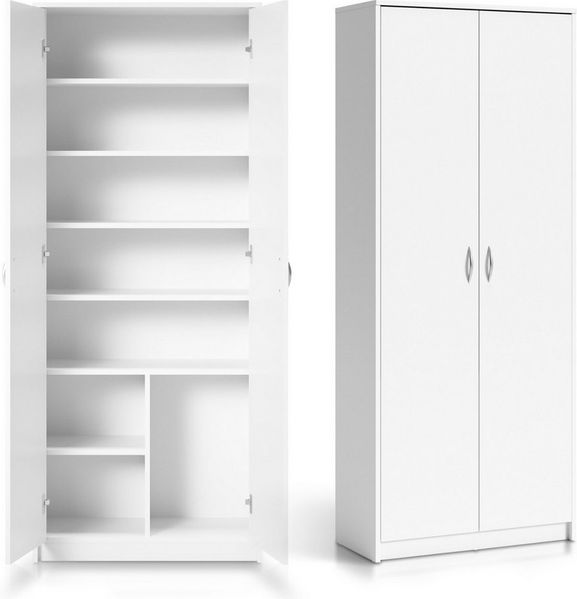Schrank Mehrzweckschrank weiß 74cm Breite 180cm Höhe mit sechs Einlegeböden und Extra-Fach, Aktenschrank Haushaltsschrank Organizer aus MDF Holz