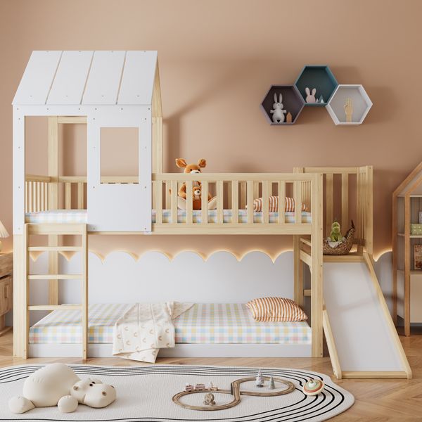 Spielbett 90×200 cm mit Rausfallschutz, Rutsche, Dach & Fenster, Natur+Weiß, ohne Matratze