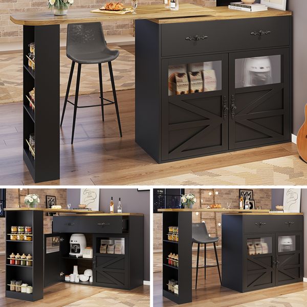 Ausziehbarer Bartisch mit Stauraum(138-204×39×104cm) , 360° drehbare Essbar,Moderner Beweglicher Bar Table,Hochtisch Kücheninsel Bistro Table, Sideboardschrank mit Regalen,Schwarz