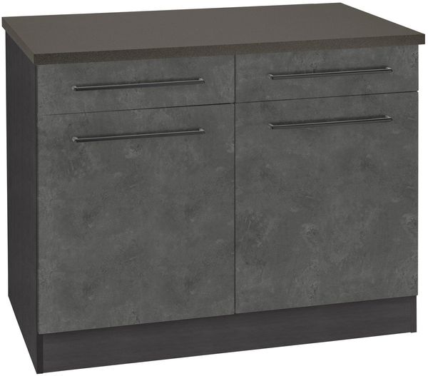 KOCHSTATION Unterschrank KS-Tulsa 100 cm breit, 2 Schubkästen, 2 Türen, schwarzer Metallgriff, MDF Front