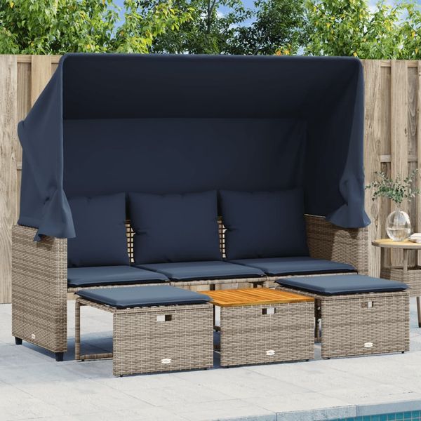 vidaXL Gartensofa 3-Sitzer mit Baldachin und Hockern Grau Poly Rattan 365456