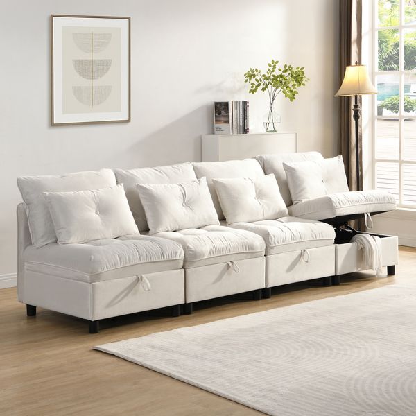 Sofa modular 4‑Sitzer mit variabler Sitzfläche, Chenille‑Bezug, Foam‑Komfort, Stauraum & Schlaffunktion,274*76*87 cm,Beige