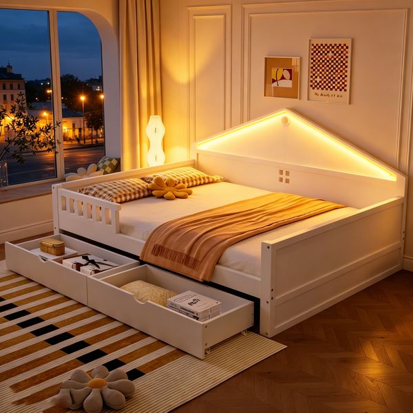 Merax Kinderbett 140×200 cm, Einzelbett, Jugendbett, mit Lichtleiste, Schubladen, Lattenrost, Weiß