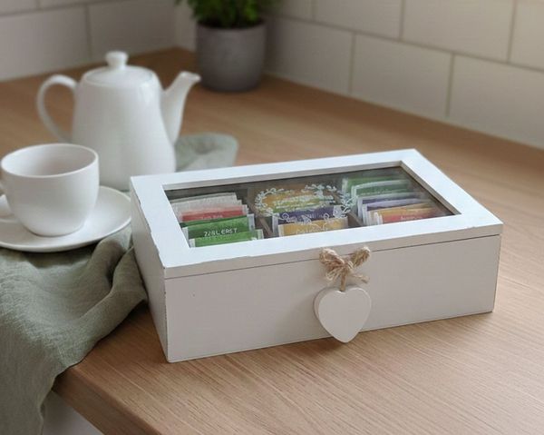 LB H&F Lilienburg Teebox Aufbewahrungsbox Retro Holzbox mit Deckel Shabby, (Teebox Teekiste Aufbewahrungsdose Organizer Utensilo Dose Box Kiste Schmuckbox Schmuckdose Holz Glasdeckel Storage Box, Aufbewahrung für Teebeutel Küchen Tee Teebeutelaufbewahr...