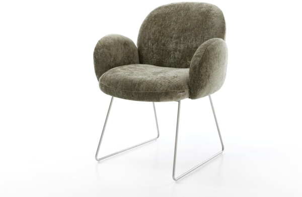 Esszimmerstuhl Nube-Flex mit Armlehnen Chenille Olive Kufengestell Edelstahl Taschenfederkern