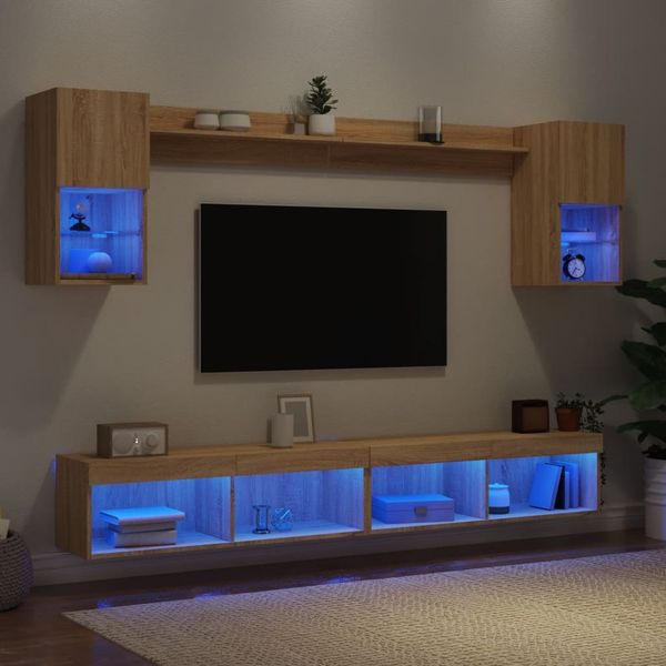 6-tlg. Wohnwand, Schrankwand Wohnzimmer mit LED-Beleuchtung Sonoma-Eiche Holzwerkstoff
