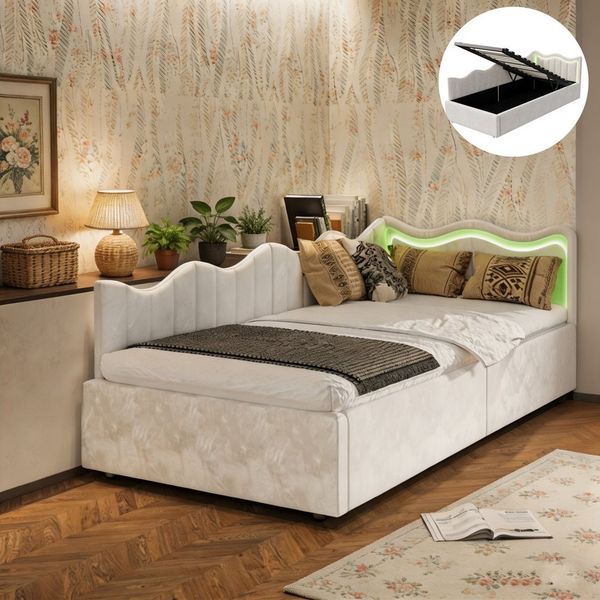 Simurq Daybett Schlafsofa mit Bettkasten, Samt, Beige, Polsterbett, Hydraulisch hebbarer Stauraum, Mit LED, Samt, 90x200 cm