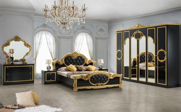 Interdesign24 Schlafzimmer-Set Donna, (6-Teilig, inkl. Spiegeltüren und Polsterung im Kopf- und Fußteil, im ausgefallenem Barock-Stil), Bett 180x200 cm, in Hochglanz Schwarz/Gold