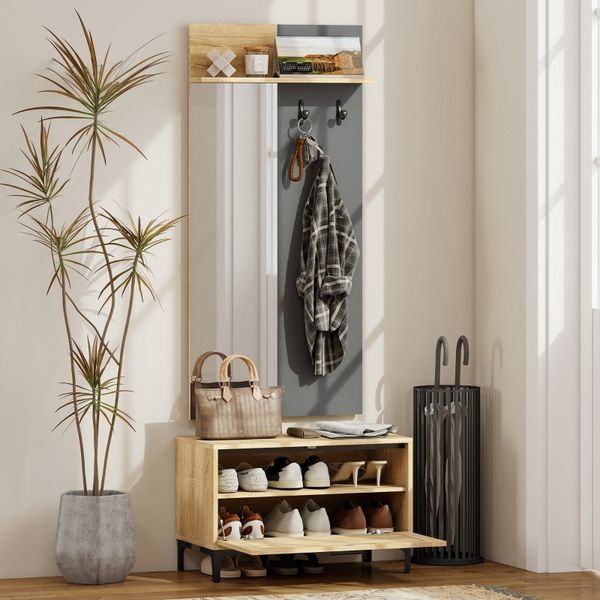 Garderobenset mit Spiegel und Schuhbank, B 68/60 x T 35/13,5 x H 43/127,5 cm, MDF