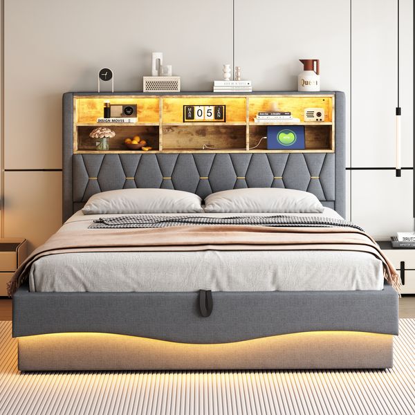 Polsterbett 180x200 cm ohne Matratze, mit Bettkasten, LED-Beleuchtung, USB-Anschluss und Leinenbezug in Grau