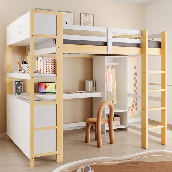 Hochbett mit Lattenrost, Trittleiter, Regal, Kleiderschrank und Schreibtisch, 140x200 cm, Kinderbett mit Rausfallschutz, Kiefer