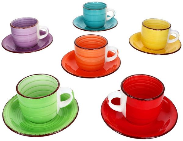 MamboCat Tasse 6er Set Uni bunt Cappuccinotassen mit Untertassen 200ml Kaffee Tee, Steingut