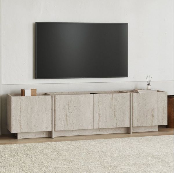 Modern TV Stand, Travertine Color, 180 x 46 x 35 cm | 100% Melamine Coated Particle Board, 18 mm Thickness | Soft-Close Hinges, Stylish Design for Living Room & Entertainment Spaces