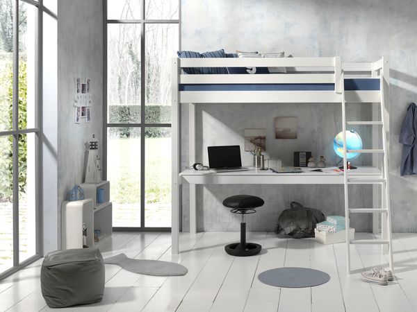 Vipack Hochbett 90x200 cm und großer Schreibtischplatte, Ausf. weiß lackiert