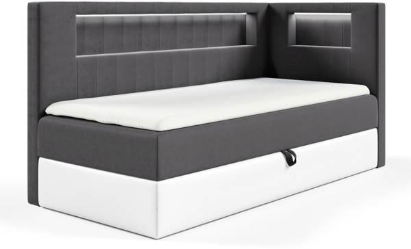 MEBLINI Kinderbett mit Bettkasten GARETH 3 100x200 Rechts – H3/Dunkelgrau Samt Gepolstert Einzelbett mit Matratze - Polsterbett mit Stauraum - Bett mit Kopfteil – Stauraumbett