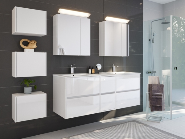 Badmöbelset Taifun 150cm 4tlg mit 2x Spiegelschrank & 3er Boxen Set weiß Hgl : Weiss hochglanz