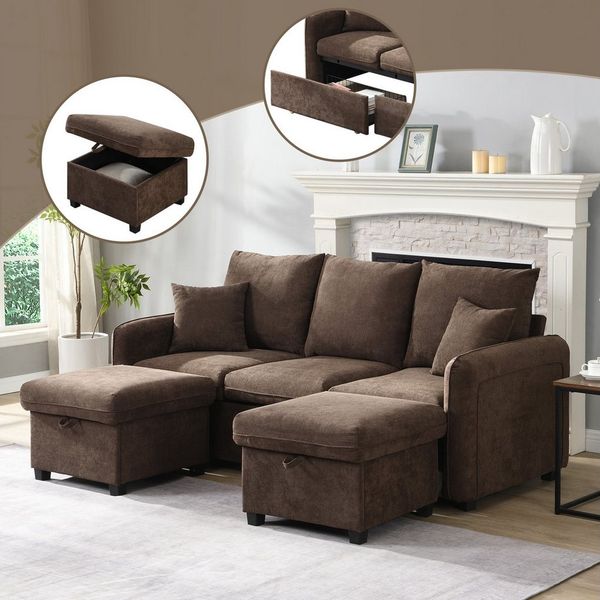 MODFU Ecksofa 3-Sitzer Sofa mit Stauraum, Wohnzimmersofa, Polstersofa, Inklusive Schubladen + Hocker mit Staufach