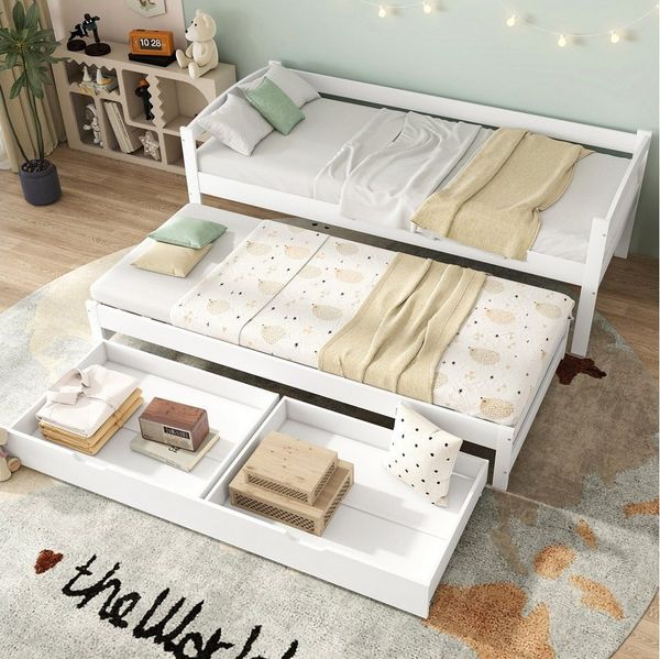 KLAM HOME Schlafsofa Tagesbett, Einzel- und Doppelbett, Schiebebett mit Rollen unten, Mit 2 MDF-Schubladen, Massivholzrahmen, (200x90cm/190x90cm)