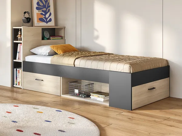 Vente-unique - LEANDRE Bett Holz, Platte GrauBeige - B 99,5 cm x H 95 cm x L 218,5 cm